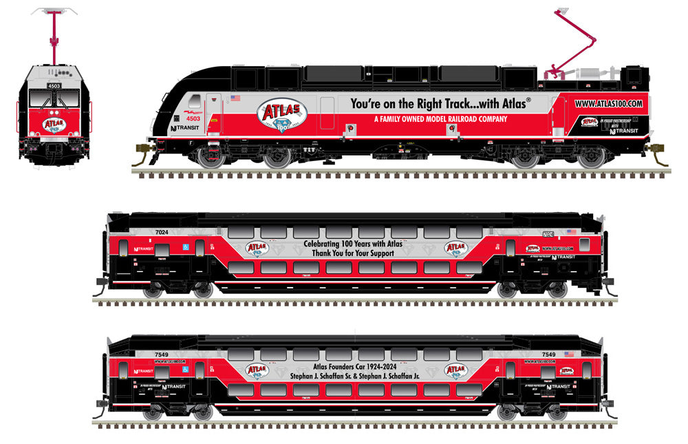 N SCALE ATLAS 100th ANNIVERSARY Locomotive & 2 PASSENGER CARS-WITH SOUND!